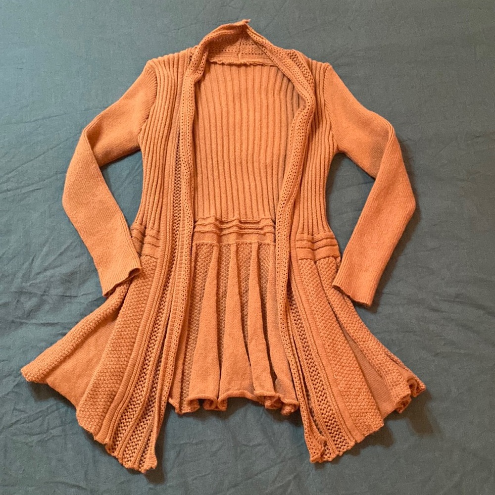 Large Peplum Flare Pleated Open Tan Cardigan